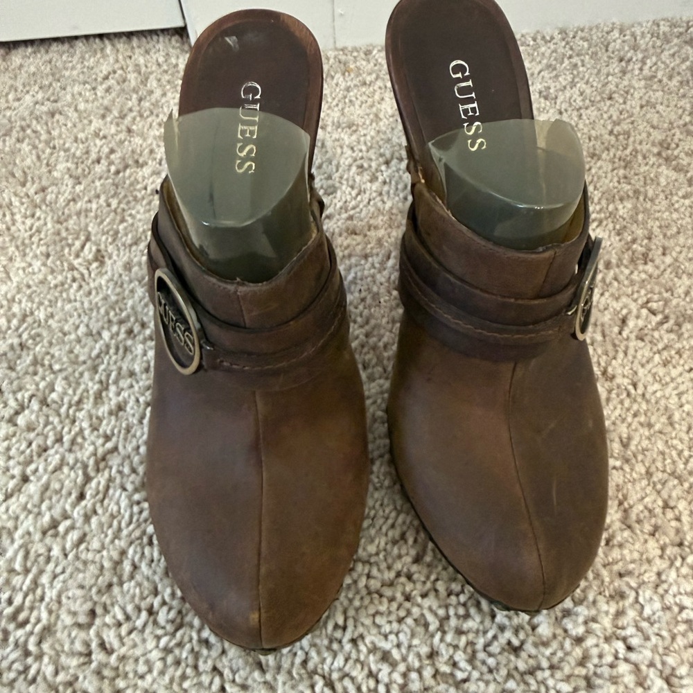 GUESS Brown Leather Mule with Decorative Buckle